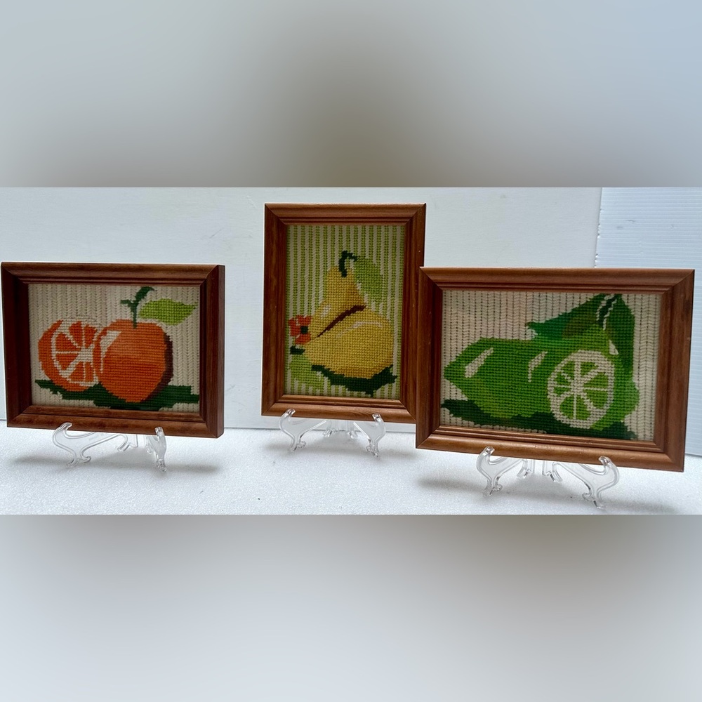 3 VTG Handmade Needlepoint 6x8 Wood Framed glass  Fruits LIMEPEAR/ORANGE CABIN